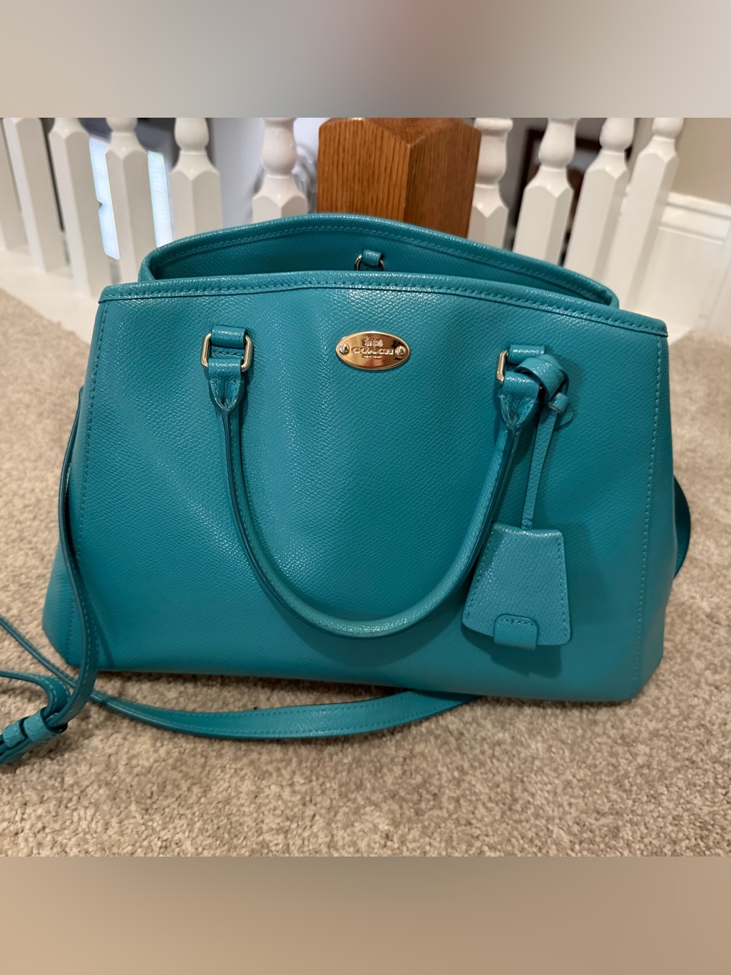 Coach Teal Pebbled Leather Satchel With Gold Hardware